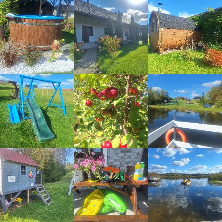mozaika z 9 zdjęć-balia, dom, huśtawka, jezioro, sauna, jabłka na drzewie, domek drewniany dla dzieci