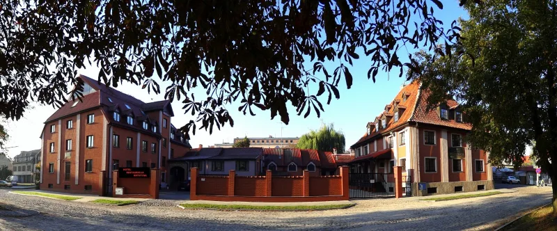 widok na hotel i liście drzewa